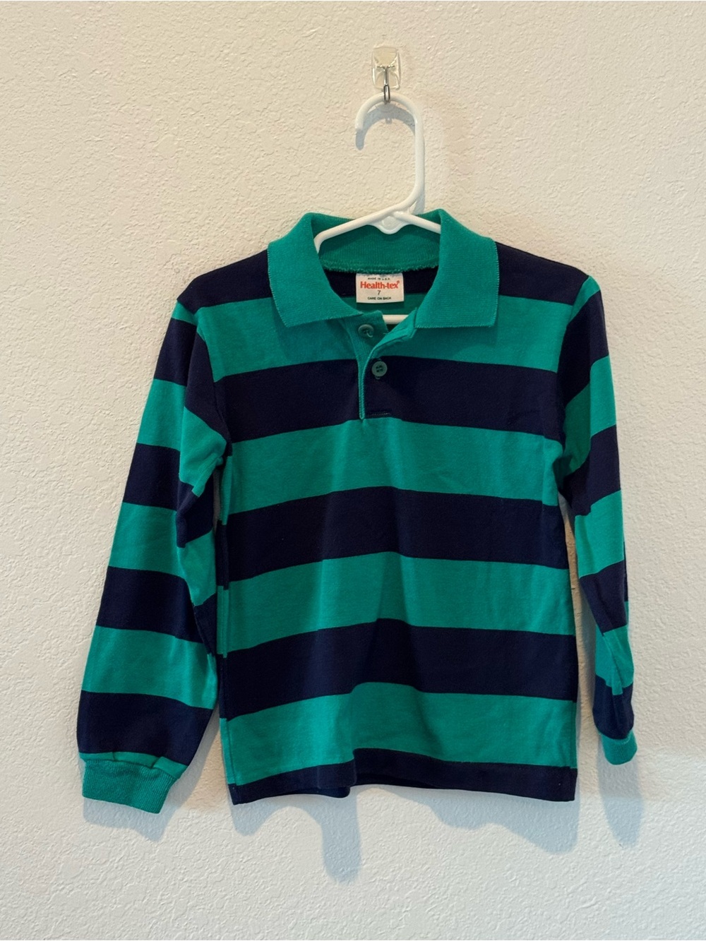 VTG Healthtex Boys' Green & Navy Striped Polo Shirt, 90s